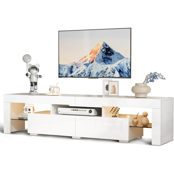 LYYHTY LED TV Stand, 67'' Modern Entertainment Center with LED Lights and Storage for 65/70/75/85 Inch TV (White, 67'' x 14'' x 16'')