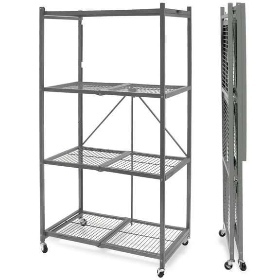 Open Box Origami 4 Tier Heavy Duty Folding Storage Rack w/ Wheels, Gray