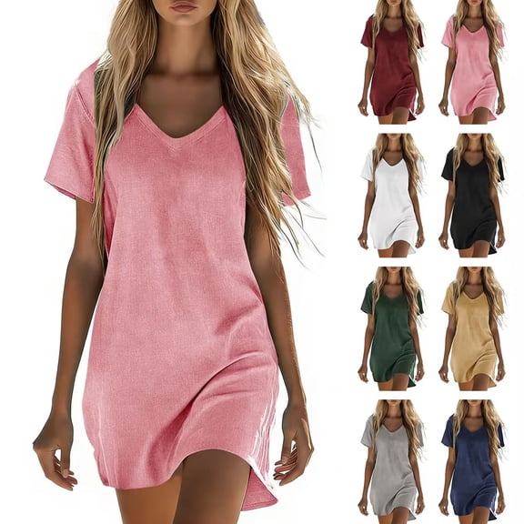 Bovxnpu Summer Dresses for Women, Short Sleeve T Shirt Dress Casual Mini Dresses, Women's Solid Short Sleeved V-neck Linen Casual And Comfortable Dress With Pocket