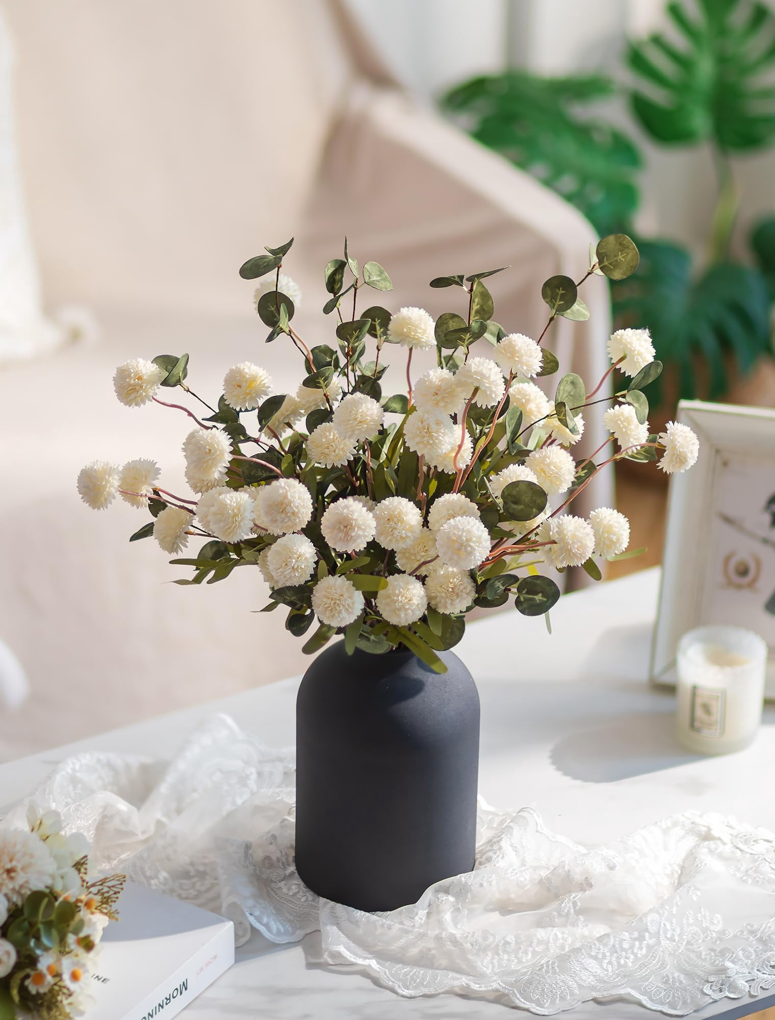 Nuptio Fake Flowers in Vase for Centerpieces: Metal Vase with 12 Stems of Artificial Mums Kiku Flowers Eucalyptuses Home Table Decor - White Faux Pom Poms Floral Arrangements for Living Room