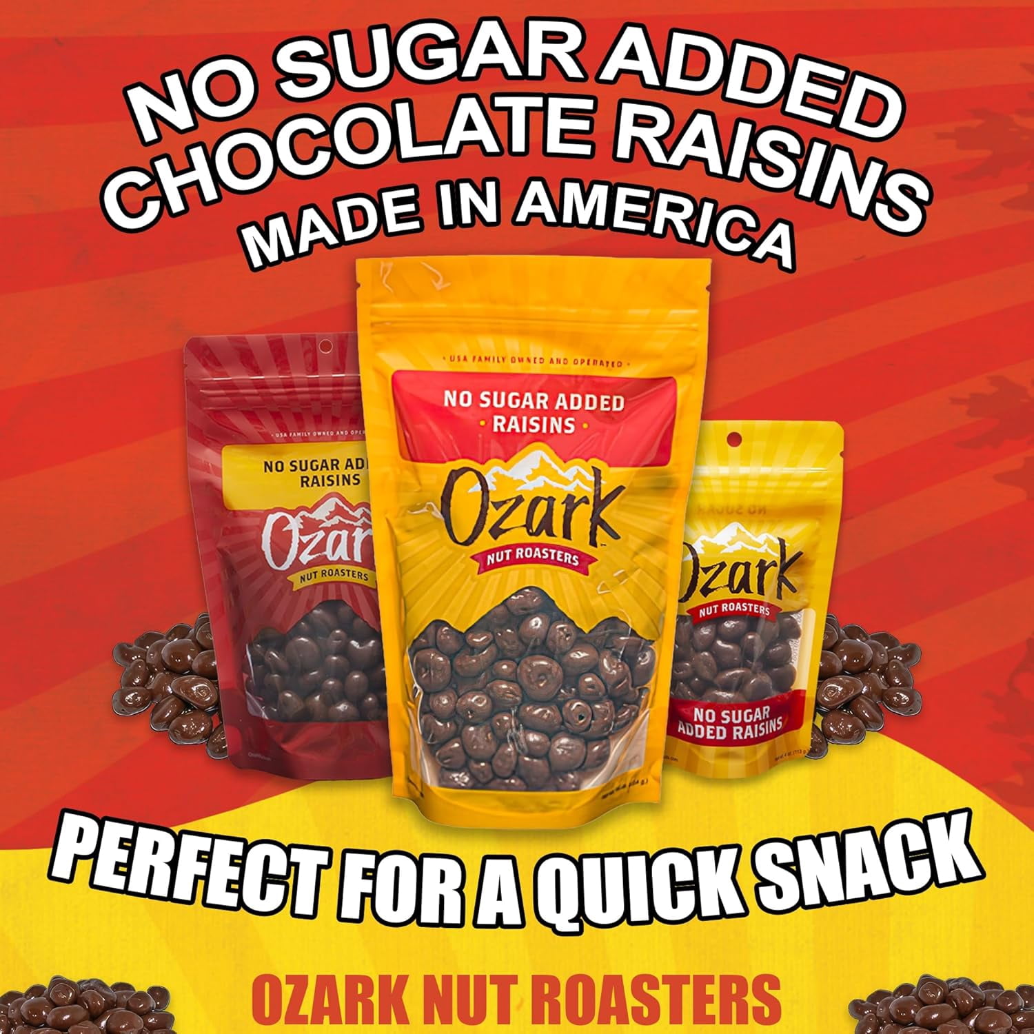 OZARK NUT ROASTERS, No Sugar Added Chocolate Raisins, Sugar-Free Raisins Snack Nuts, World-Class Gourmet Candied Peanuts, Resealable Pack (16.0 oz)