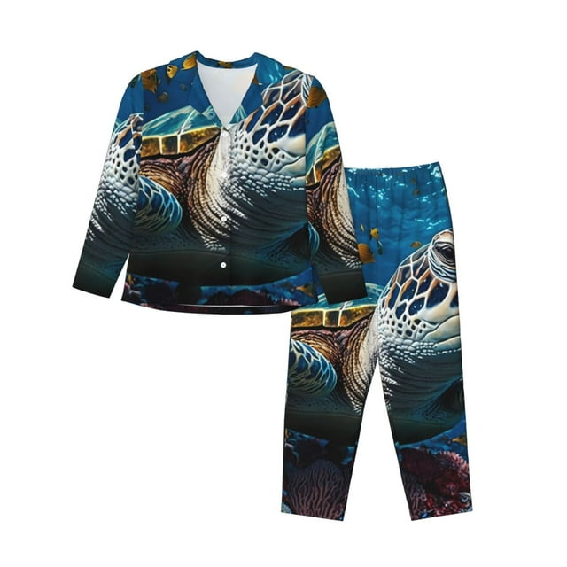 Fotbe Ocean Coral Turtle Conjunto de Pijama de Manga Larga para Mujer con Estampado, Ropa de Dormir de 2 Piezas, Conjunto de Casa Suave y Cómodo con Bolsillos-XX-Large