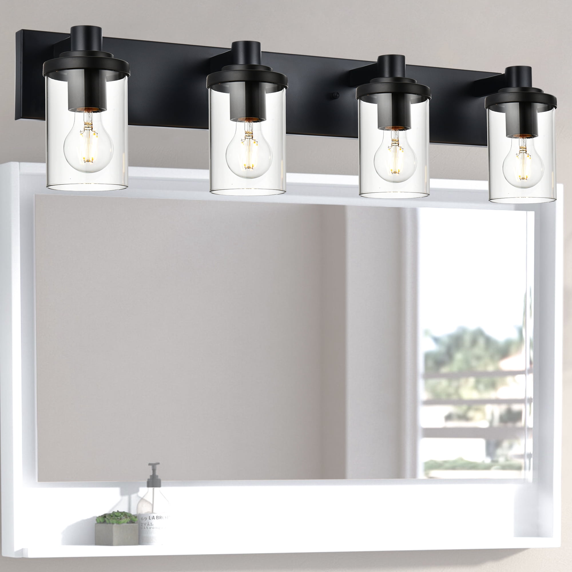 Melucee Bathroom Vanity Light Fixture Over Mirror, Metal Black Bathroom Lights Over Mirror 4-Lights, Modern Wall Mount Lighting with Clear Glass Shade Vanity Lights for Hallway Living Room Cabinet