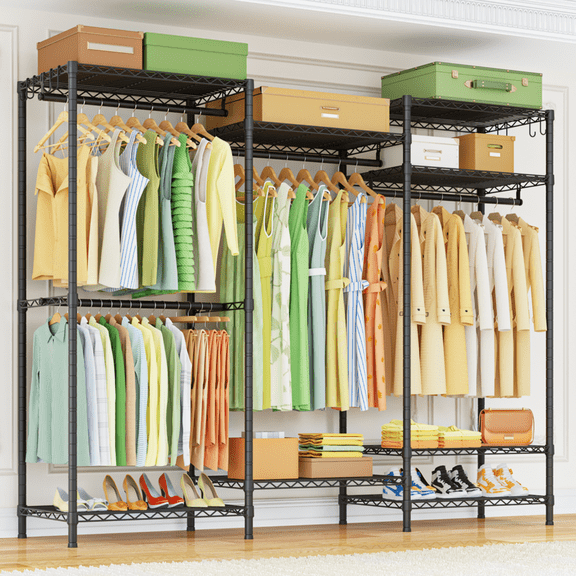 E13 Heavy Duty Clothes Rack(With 4 Hanger Rods & 8 Shelves) Freestanding Clothing Racks for Hanging Clothes,Adjustable Closet Organizer,Metal Garment Rack 63" W x16 D x77 H,Max Load 900LBS,Black