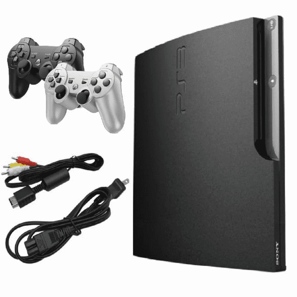 Sony - Playstation 3 PS3 Console Slim 120GB Black with 2 Retrofam Brand Controllers Silver and Black (Refurbished)