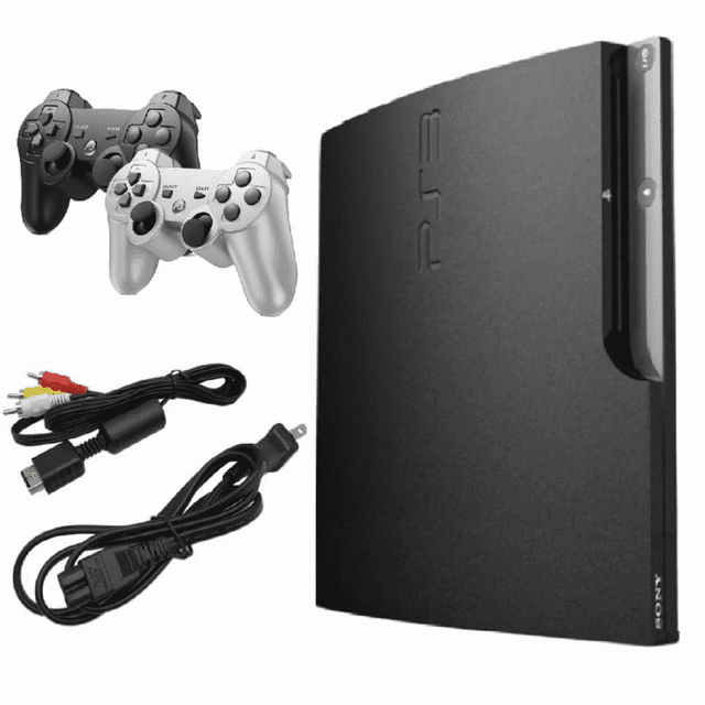 Sony - Playstation 3 PS3 Console Slim 120GB Black with 2 Retrofam Brand Controllers Silver and Black (Refurbished)