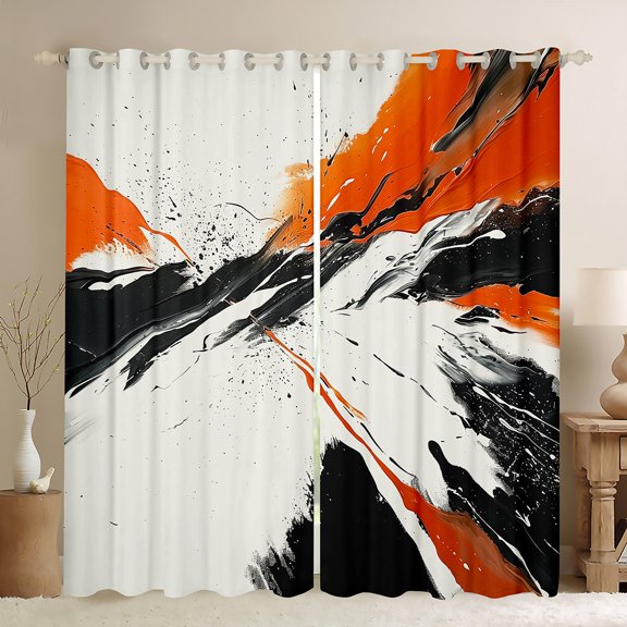 Manfei Chic Watercolor Black Out Curtains for Teen, Chinese Ink Curtains Pack of 2 (42x63 Each), Black Orange Splash Bedroom Curtains, Curtains and Drapes Decor
