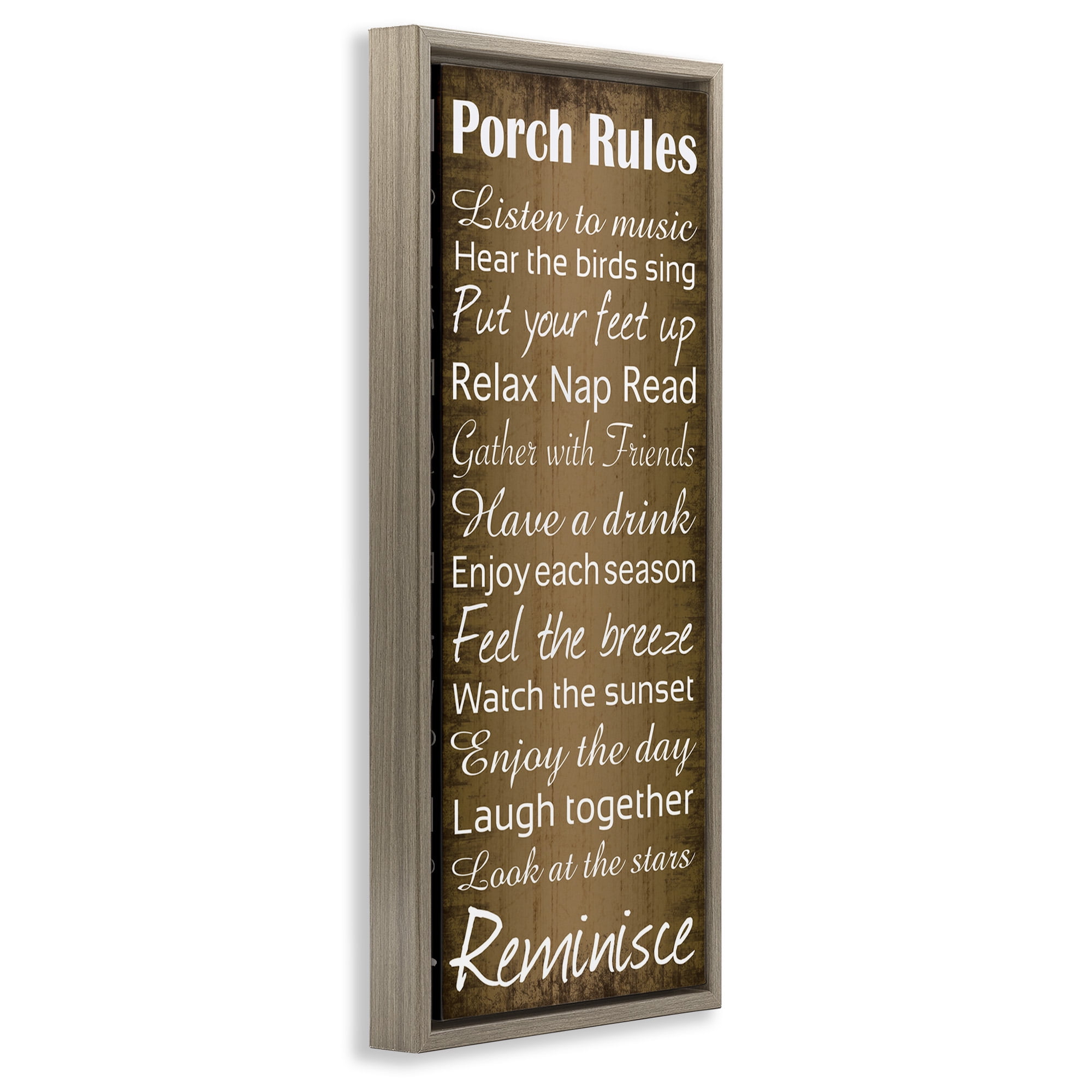 Stupell Industries Porch Rules Country Rustic Typography Painting Brown Floater Framed Canvas Art Print Wall Art, 11 x 25