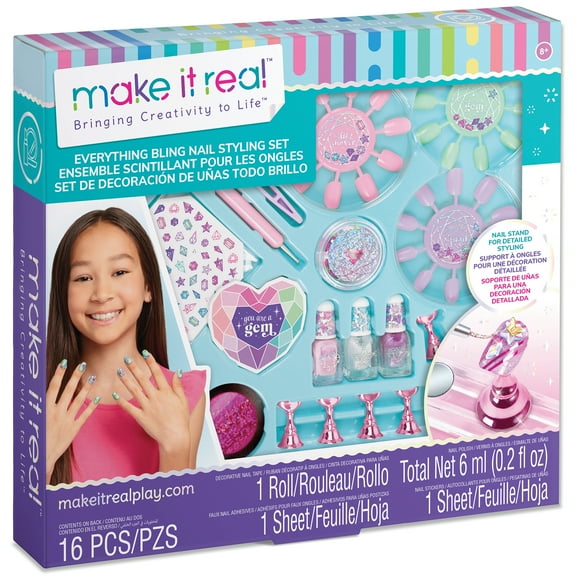 Make It Real: Everything Bling Nail Styling Set - 16pc, DIY Nail Art Customization, Polish-Stickers-Gems-Faux Nails, Detailing Stand, Girls & Kids 8 