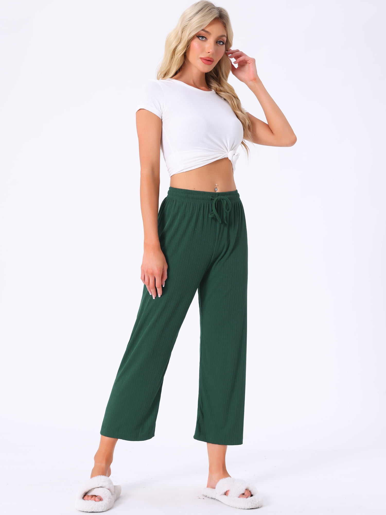 DARING DIVA Women's Wide Leg High Waist Ribbed Knit Loungewear XS Dark Green