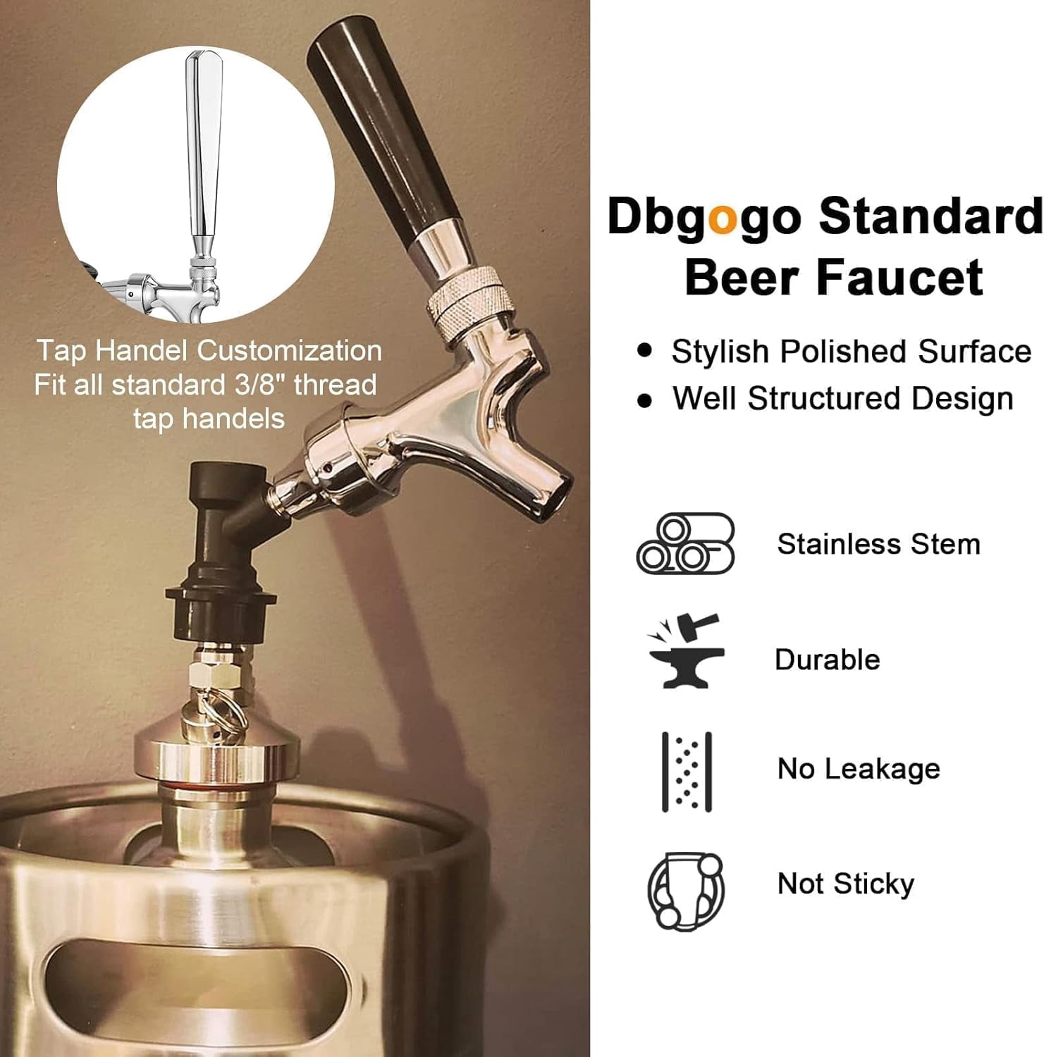 Ball Lock Beer Faucet Picnic Tap, Stainless Steel Core Self-Closing Keg Tap Chrome-Plated Brass with Quick Disconnect Party Corny