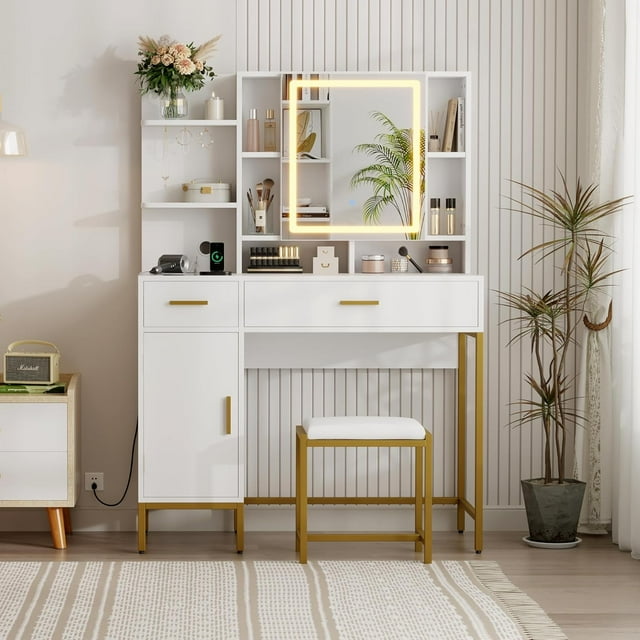 Makeup Vanity Desk with 3 Color Lights, Charging Station, Drawers