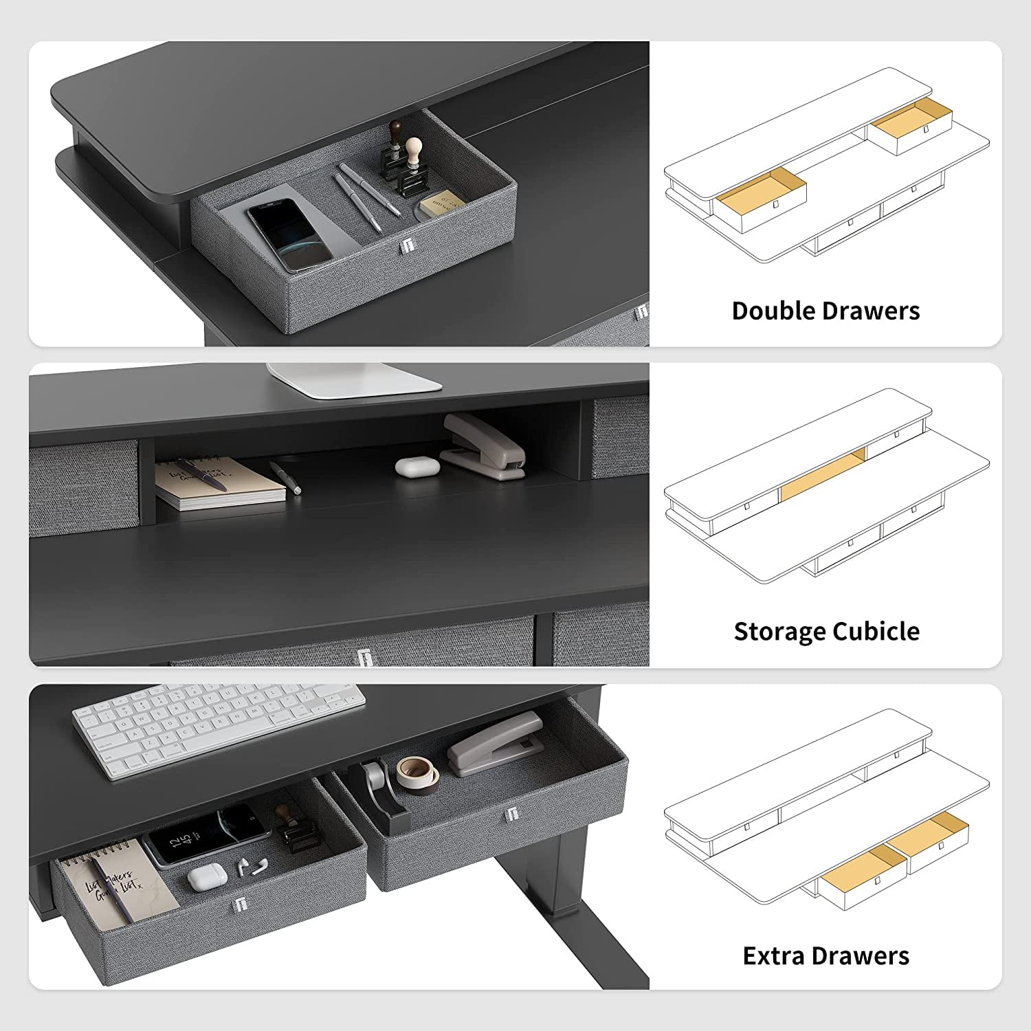 FEZIBO 48 x 24 Inch Height Adjustable Electric Standing Desk with 4 Drawers, Stand Up Table with Storage Shelf, Sit Stand Desk with Splice Board, Black Frame/Black Top