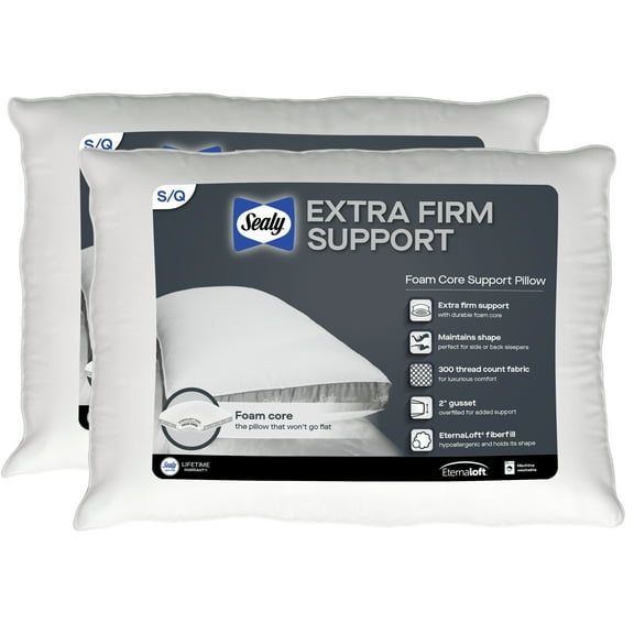 Sealy Extra Firm Support Foam Core Bed Pillow Standard/Queen- 2 Pack Machine Washable