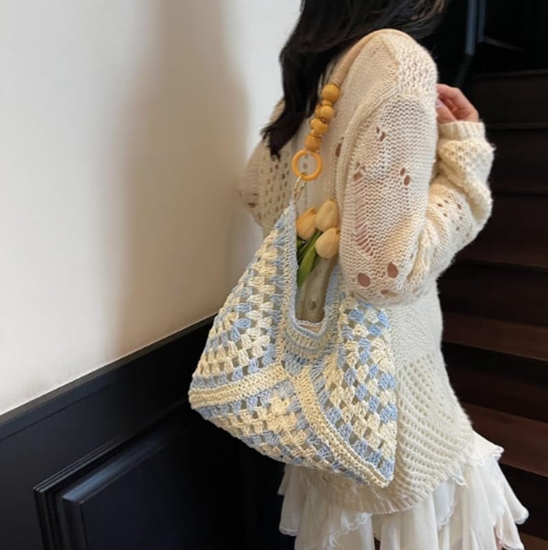 Large Bohemian Handmade Crochet Shoulder Bag – Women’s Summer Straw Woven Tote for Beach, Travel, Casual