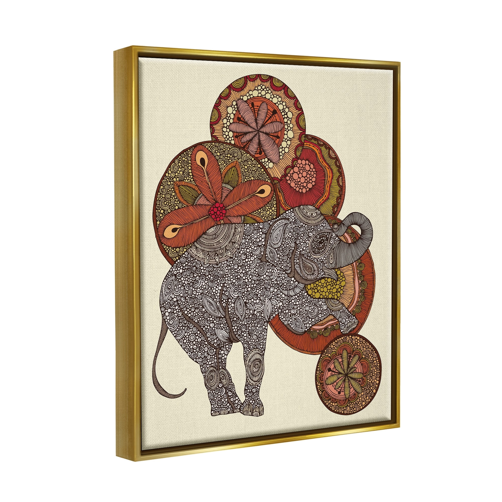 Stupell Industries Elephant & Ball Detailed Mandala Fractals Floral Shapes Graphic Art Metallic Gold Floating Framed Canvas Print Wall Art, Design by Valentina Harper
