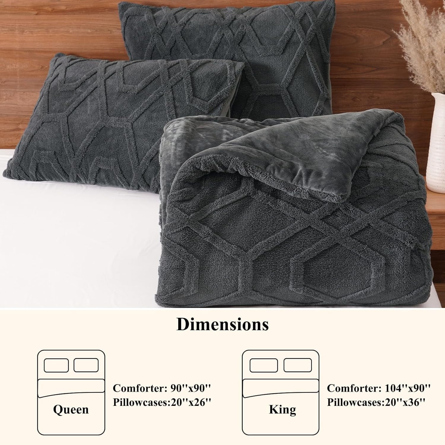 PHF Warm Sherpa Fleece Queen Comforter Set, 3D Tufted Fluffy Dark Grey Bedding for Winter, Soft 3 Pieces Shaggy Bed Set, 1 Comforter (90"x90") and 2 Pillowcases (20"x26")