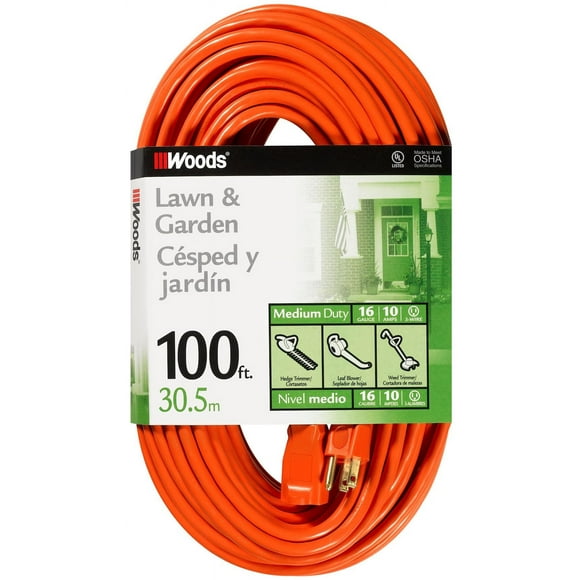 Woods Outdoor Extension Cord, 100 Ft 16 Gauge 3 Prong, Lawn & Garden, Orange, 0269
