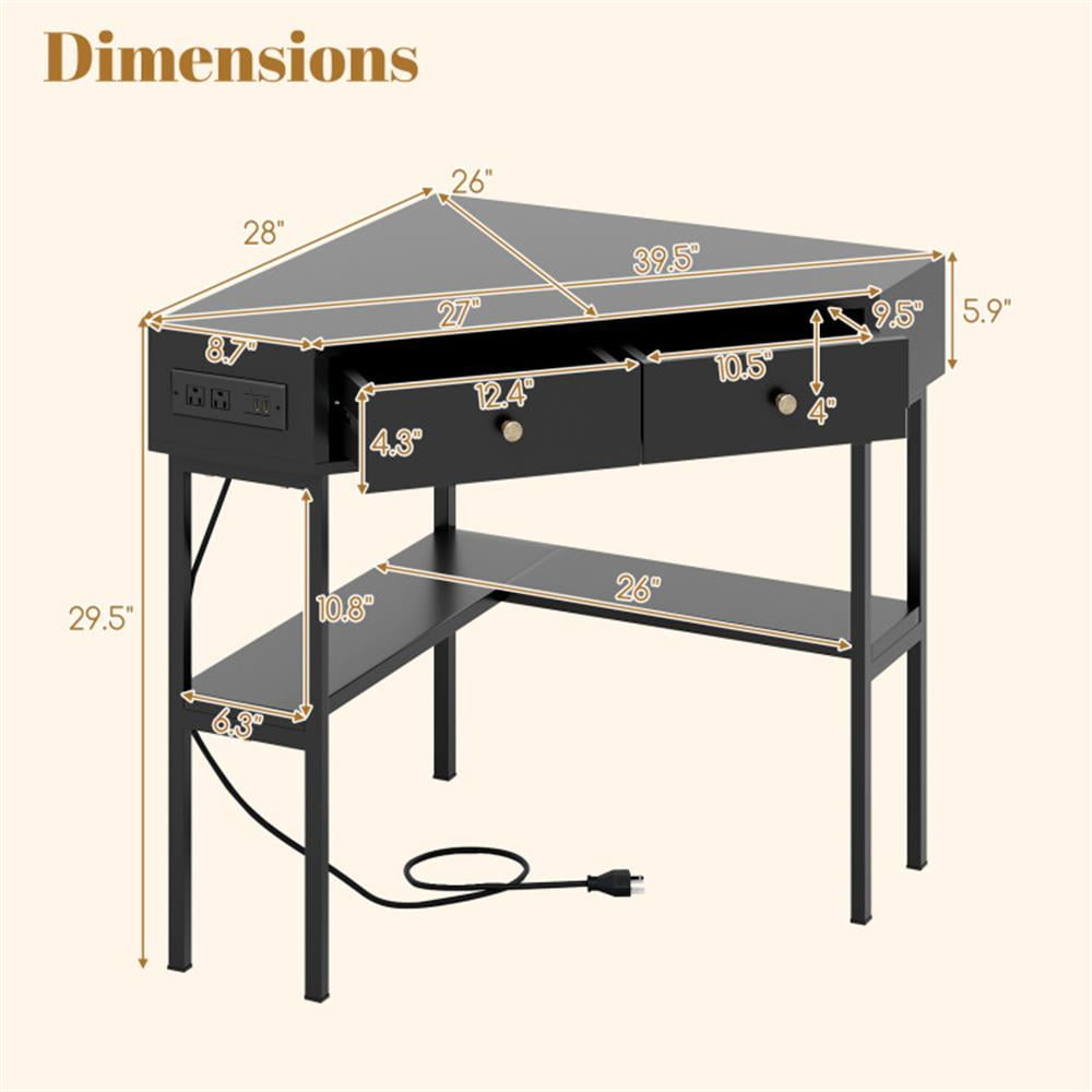 Demi Bonn Triangle Corner Desk with Charging Station with 2 Drawers and Storage Shelf, Small Home Office Desk Study Writing Table, Black