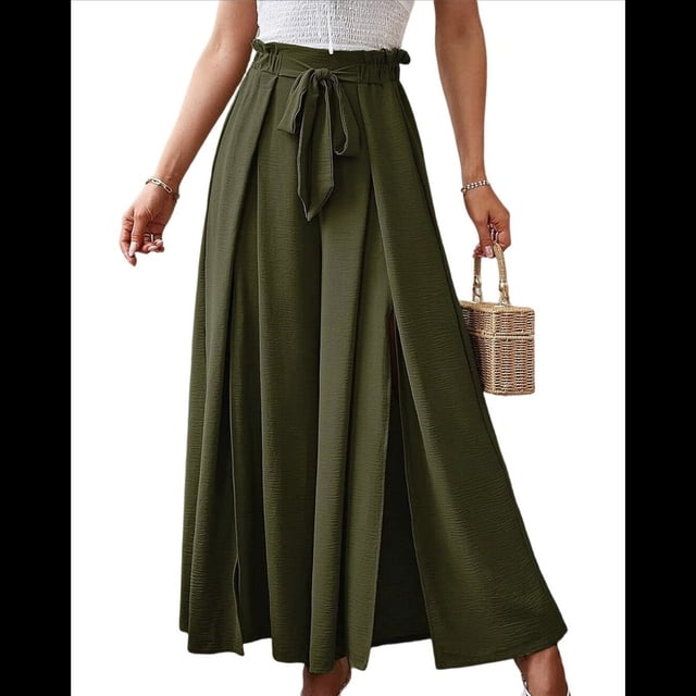 Pantalones de Playa Casuales, Holgados, Estilo Palazzo, de Cintura Alta y Abertura para Mujer, Estilo Bohemio, con Bolsillos para Verano. Verde Oliva L