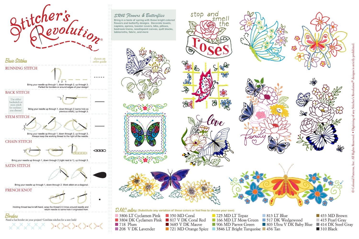Flowers and Butterflies Iron On Transfer Pattern for Embroidery, 12 Designs