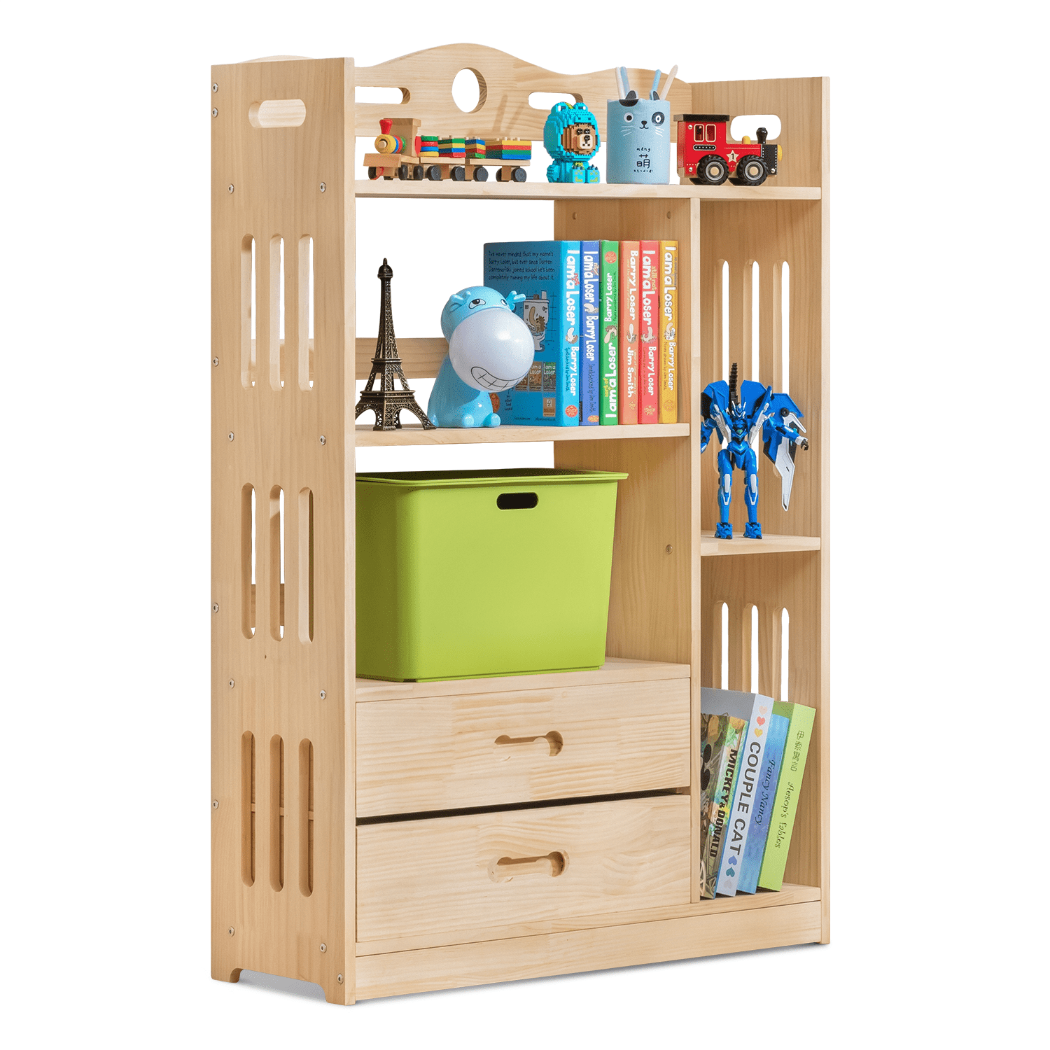 MoNiBloom Wood 4 Shelves 2 Drawers Bookcase, Display Storage Bookshelf