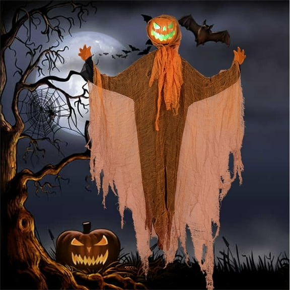 48 inches Halloween Pumpkin Scarecrow Props,Halloween Hanging Pumpkin Ghost with Glowing Eyes, Sound Activated Ghost Lighted Up Scary Pumpkin Halloween Props for Indoor,Outdoor,Haunted House,Yard