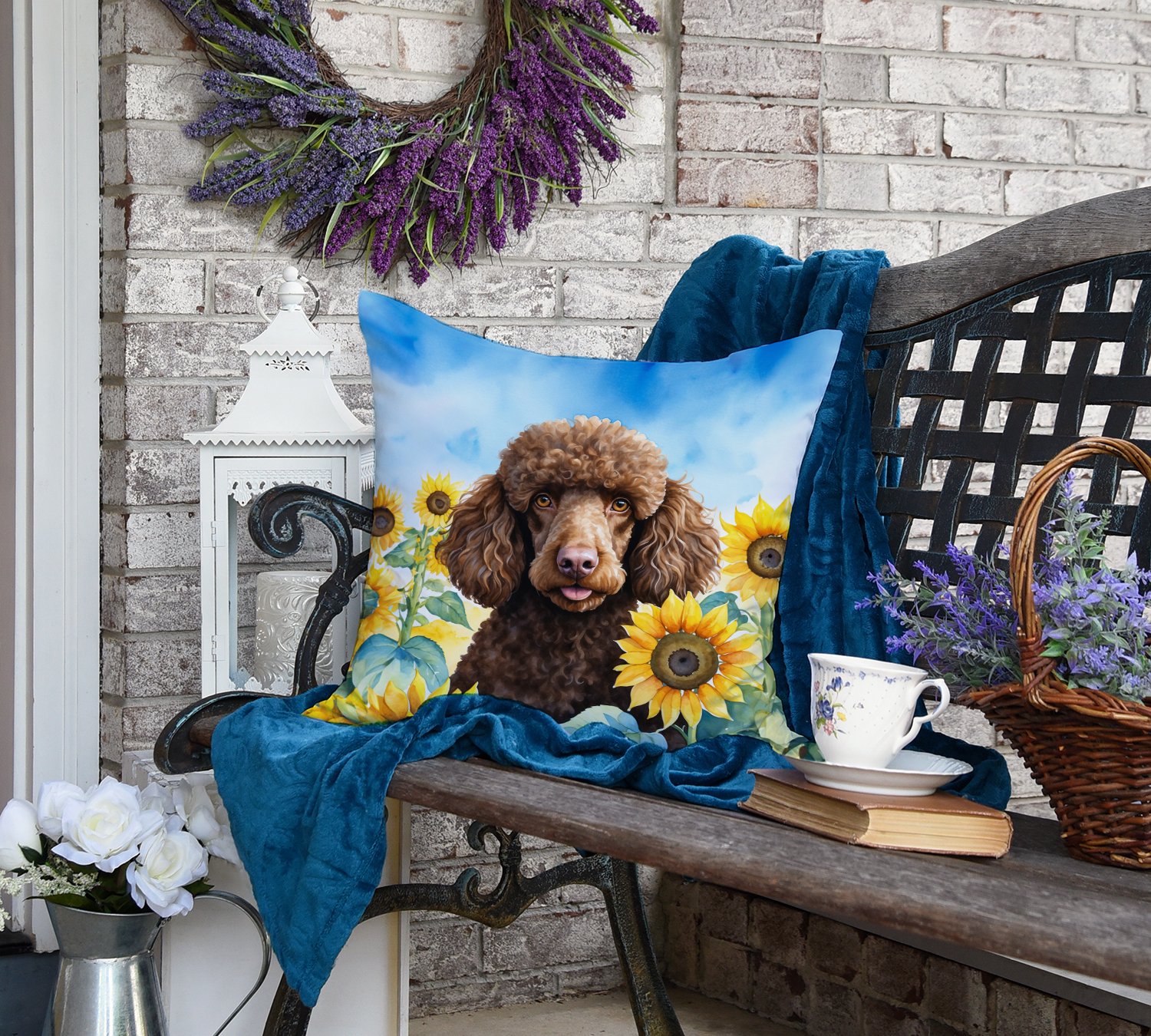 Chocolate Poodle in Sunflowers Throw Pillow 18 in x 18 in