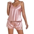 thumbnail image 1 of Conjunto de pijama sexy con cuello en V y encaje para mujer: conjunto de pantalones cortos de color liso, material de poliéster, tallas S-XXL, dos piezas (top y pantalones), 1 of 7