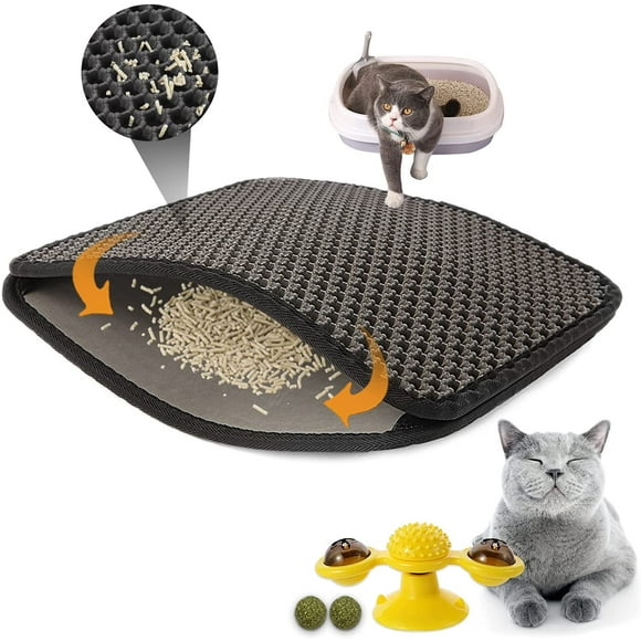 Cat Litter Mat & Cats Spinner Catnip Toy Set - Waterproof Urine Double Layer Design Trapping Mat, Interactive Chew IGUOHAO Can Better Help The Cat to Distract and Shake Off The Litter Grey