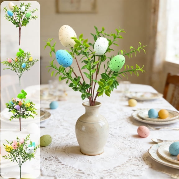 AZXY 13" Easter Flocked Bunny Floral Picks with Colorful Eggs, Artificial Greenery Flower Stems for Spring Home Decor, Easter Tree Decor, Table Centerpieces, and Vase Arrangements