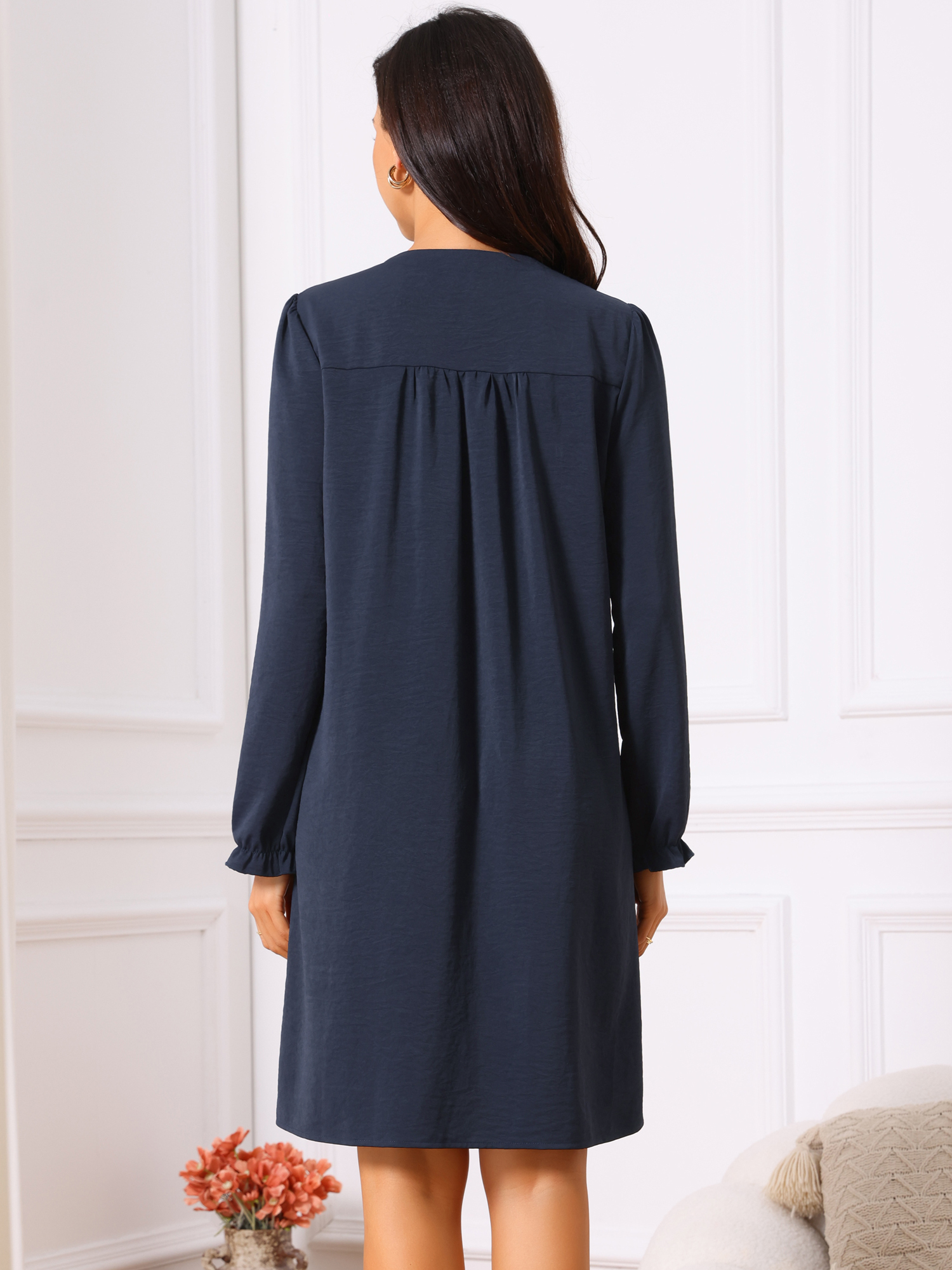 DARING DIVA Women's Casual Knee Length V Neck Pleated Flowy Shirt Dress S Dark Blue