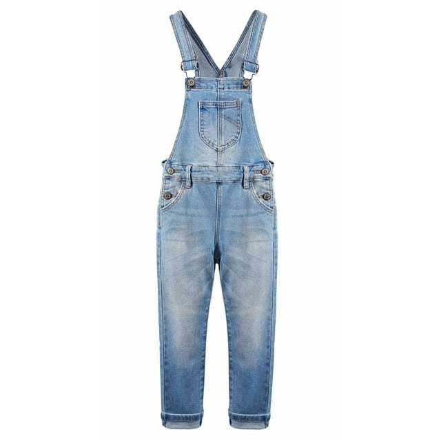 Overol Vaquero Desgastado de Algodón Roto Para Niñas, KIDSCOOL SPACE, Azul Claro,6-7 Años