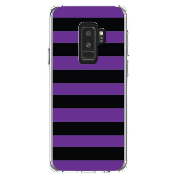 DistinctInk Clear Shockproof Hybrid Case for Samsung Galaxy S9  PLUS (6.2" Screen) - TPU Bumper, Acrylic Back, Tempered Glass Screen Protector - Black & Purple Bold Horizontal Stripes