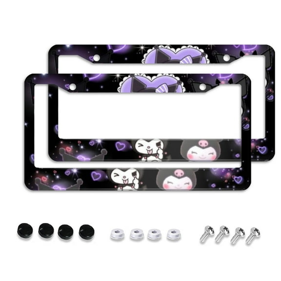 Sanrio Kuromi Cartoon Car License Plate Frame 2 Pack, License Plate Cover Bracket Decorative Aluminum License Plate Frame Auto Accessories Unisex 11.8 X 5.9 Inch 2 Holes with Screws