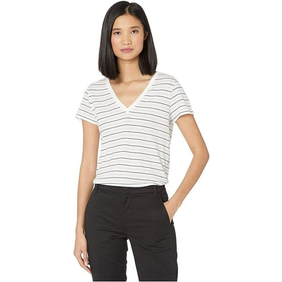 Vince. Tee-Shirt à Rayures Essentielles Col en V Blanc/gris/côtier (S)