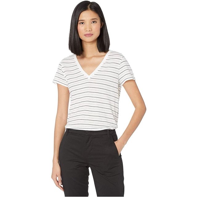 Vince. Essential Stripe V-Neck Tee Optic White/Grey/Coastal ( S )