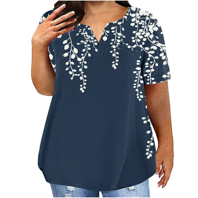 Camisetas Casuales de las Mujeres Largo Casual Impreso Cuello Redondo Suelto Top, Camiseta de Verano de Manga Corta