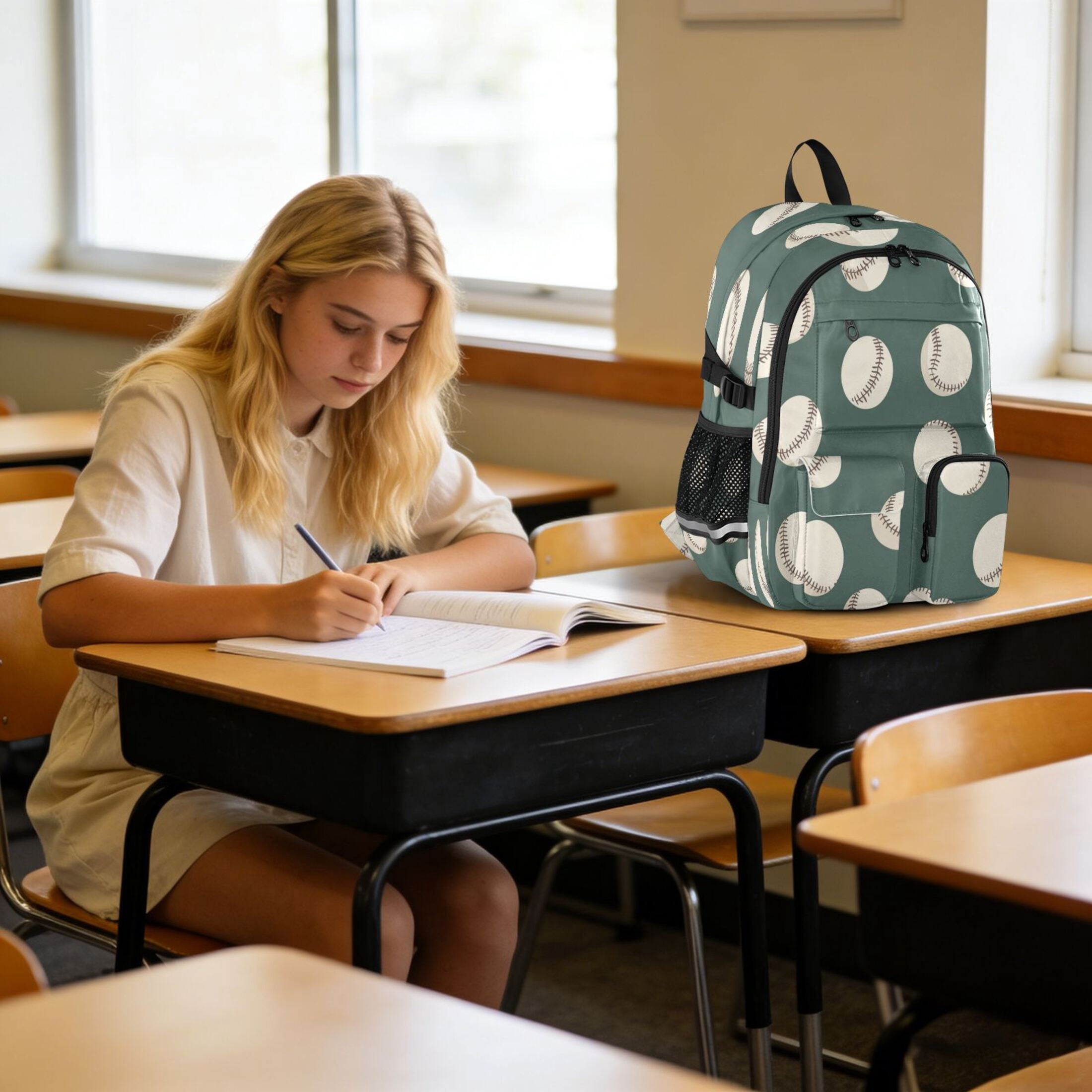 30L Backpack Durable Computer Bag for College & Travel Lightweight Daypack Fits 15.6" Laptop Green Baseball Pattern