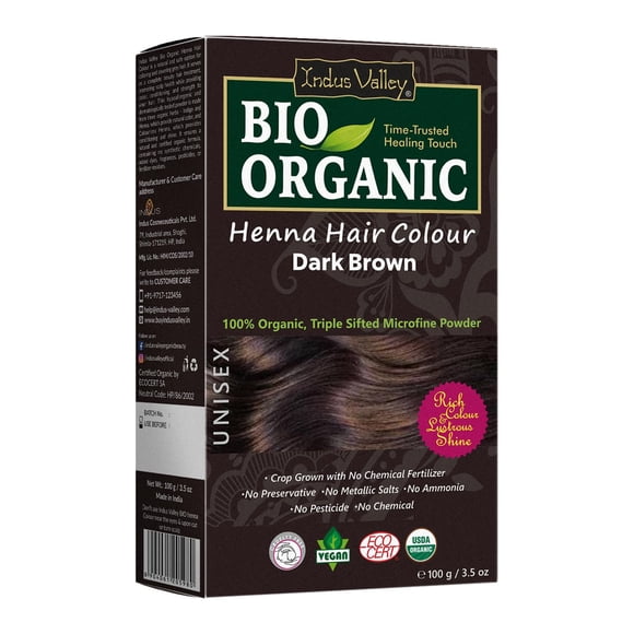 Indus Valley Bio Organic Natural Henna Polvo para tinte para el cabello Marrón oscuro - 3.5 Oz
