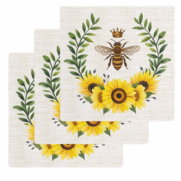 Sunflowers Bees Kitchen Dish Towels for Drying Dishes Set of 3, Spring Farmhouse Honey Flowers Leaves Waffle Weave Microfiber Hand Tea Bathroom Towels Quick Dry & Absorbent Towel 12x12