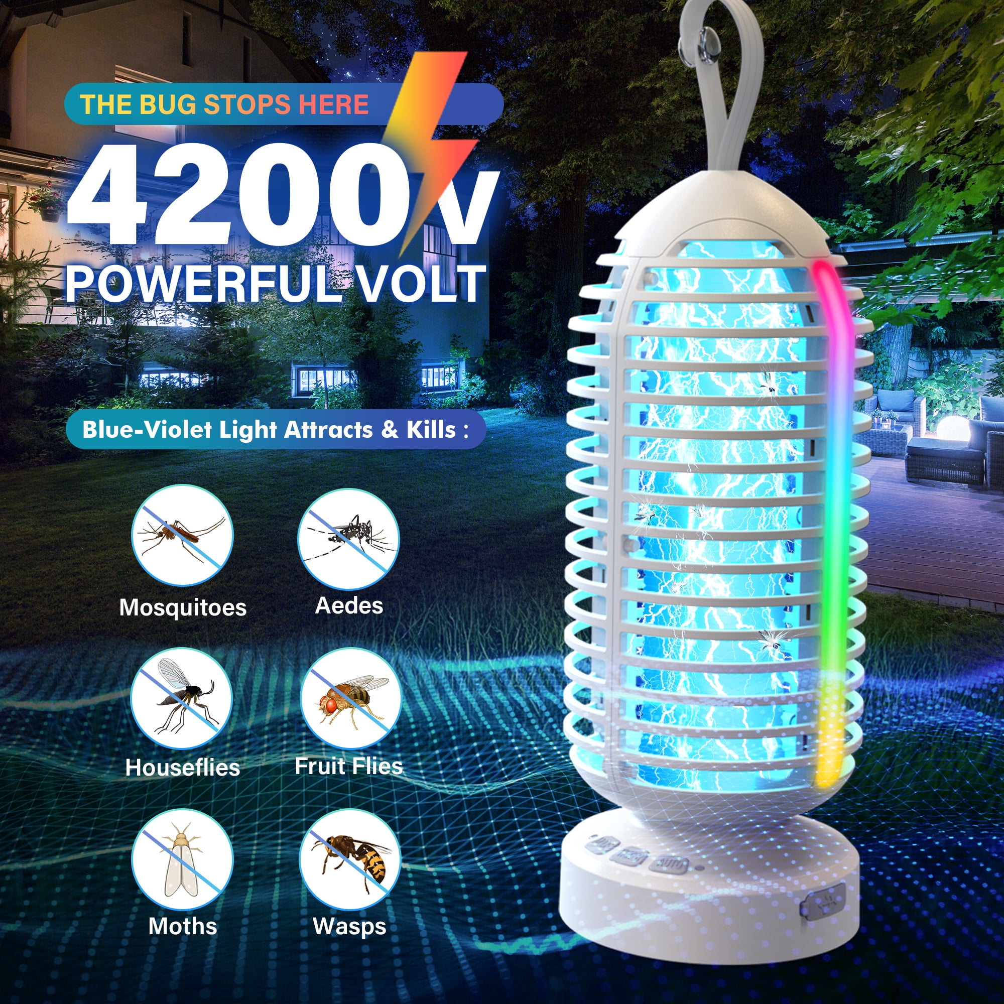Reppiss Electric Bug Zapper Outdoor, Fly Mosquito Killer Lamp with Color Chaning LED Light for Patio, Camping, Black/White, 2 Pcs