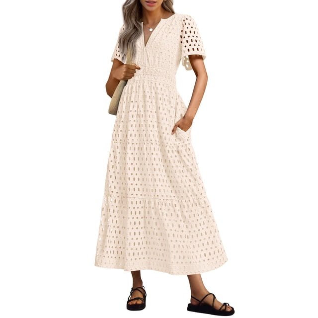Vestido largo PRETTYGARDEN 2025 de verano con cuello en V y ojales para mujer