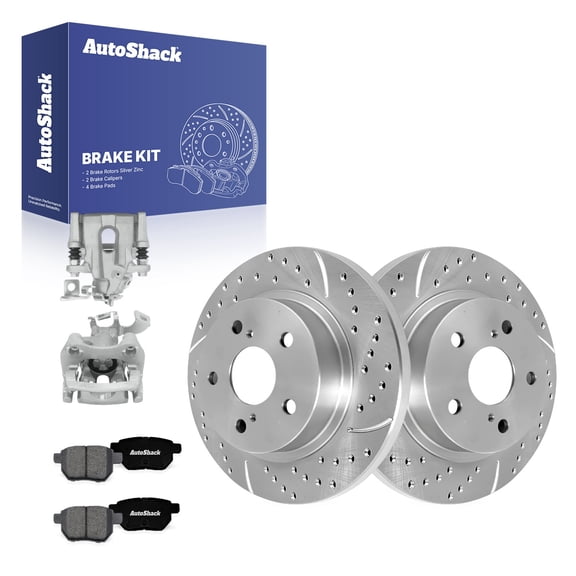 AutoShack Rear Brake Rotors, Premium Pads & Calipers for Scion, xB 2008-2015, FWD L4 2.4L - Silver Zinc Coated Drilled & Slotted - SilverShield Pro - 10.98" (279 mm), 5-Lug