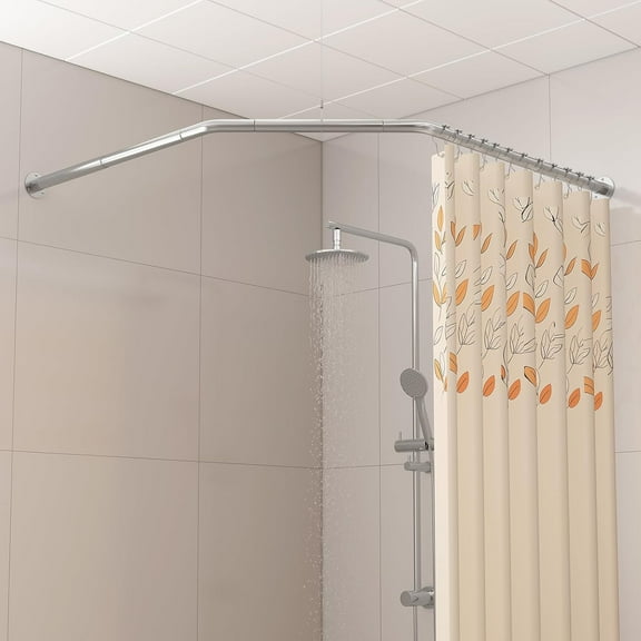 Diamond Shaped Corner Shower Curtain Rod, [Both Sides: 22"-34.8", Middle: 28"-43.7"] Adjustable Heavy Duty Angled Shower Curtain Pole for Bathroom with 12 Hooks & Ceiling Support