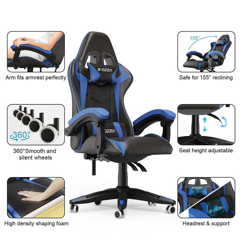 Bigzzia Gaming Chair Pu Leather Office Chair with Ergonomic Lumbar Pillow,  Reclining Racing Game Chair Backrest and Seat Height Adjustable Swivel  Recliner,Esports Chair with Headrest 