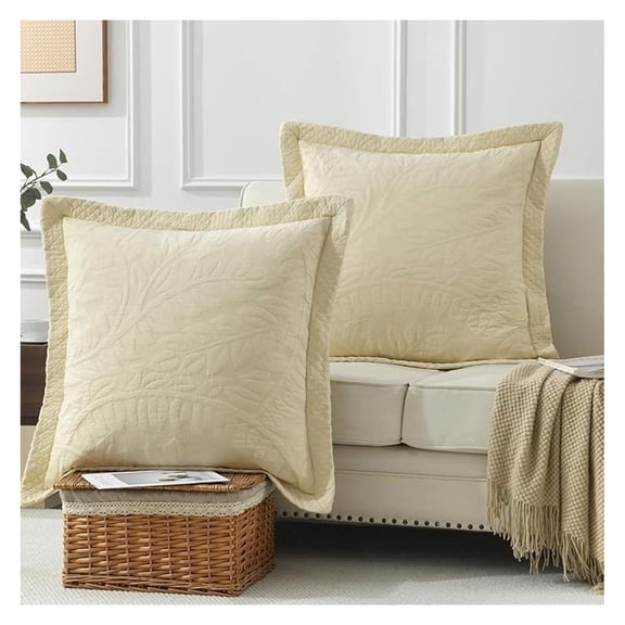 2 Pcs Cotton Quilted Pillow Shams Embroidered Farmhouse Embroidered Euro Shams 26"x26" (Euro, Natural Beige)