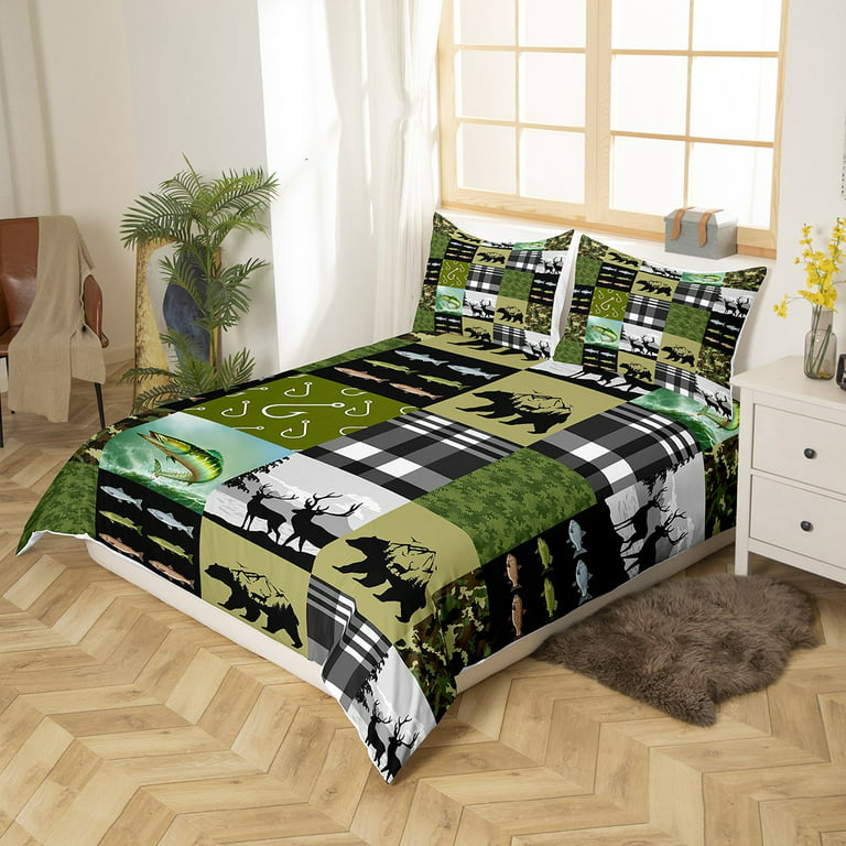 Bass Fishing Bedding Set Patchwork Camouflage Comforter Cover for