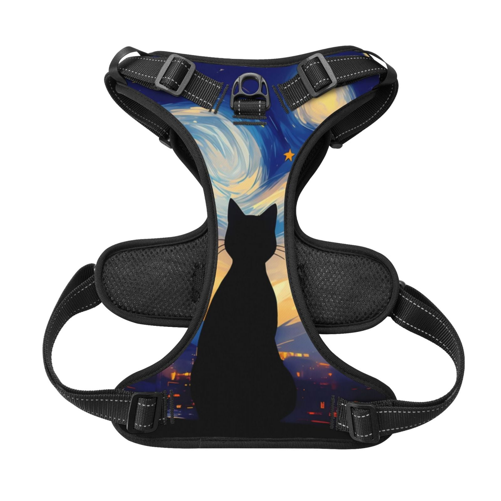 Picia Cat Under Starry Skies No-Pull Dog Harness Reflective Front Clip Vest with Handle,Step-in Air Dog Harness,Adjustable 2 Metal Rings 4 Buckles,Easy to Put on & Take Off X-Large