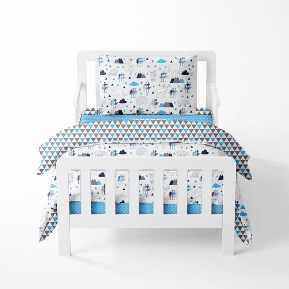 Bacati Woodlands Boys Cotton 4 Pc Toddler Bedding Set, Aqua/Navy/Grey 100 percent Cotton Includes Reversible Comforter, Fitted Sheet, Top Sheet, and Pillow Case for Boys